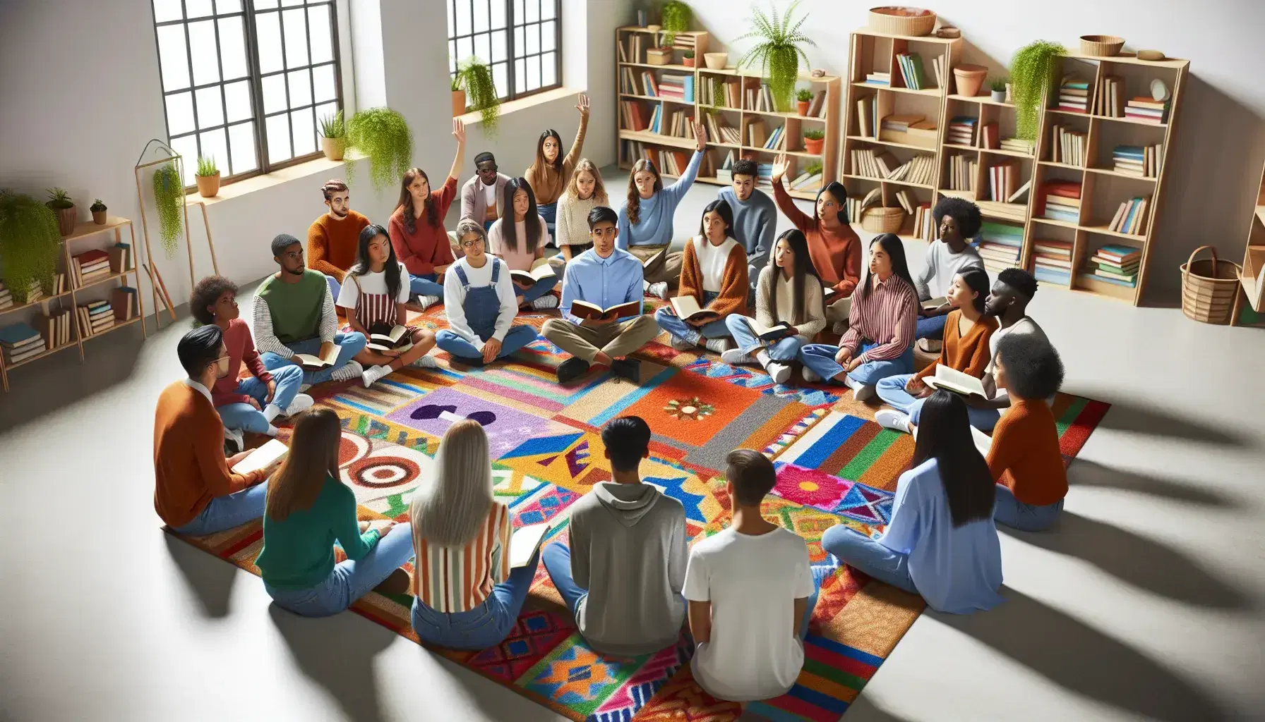 Grupo diverso de estudiantes atentos en clase sentados en semicírculo alrededor de profesor con libro, en aula iluminada con decoración educativa.
