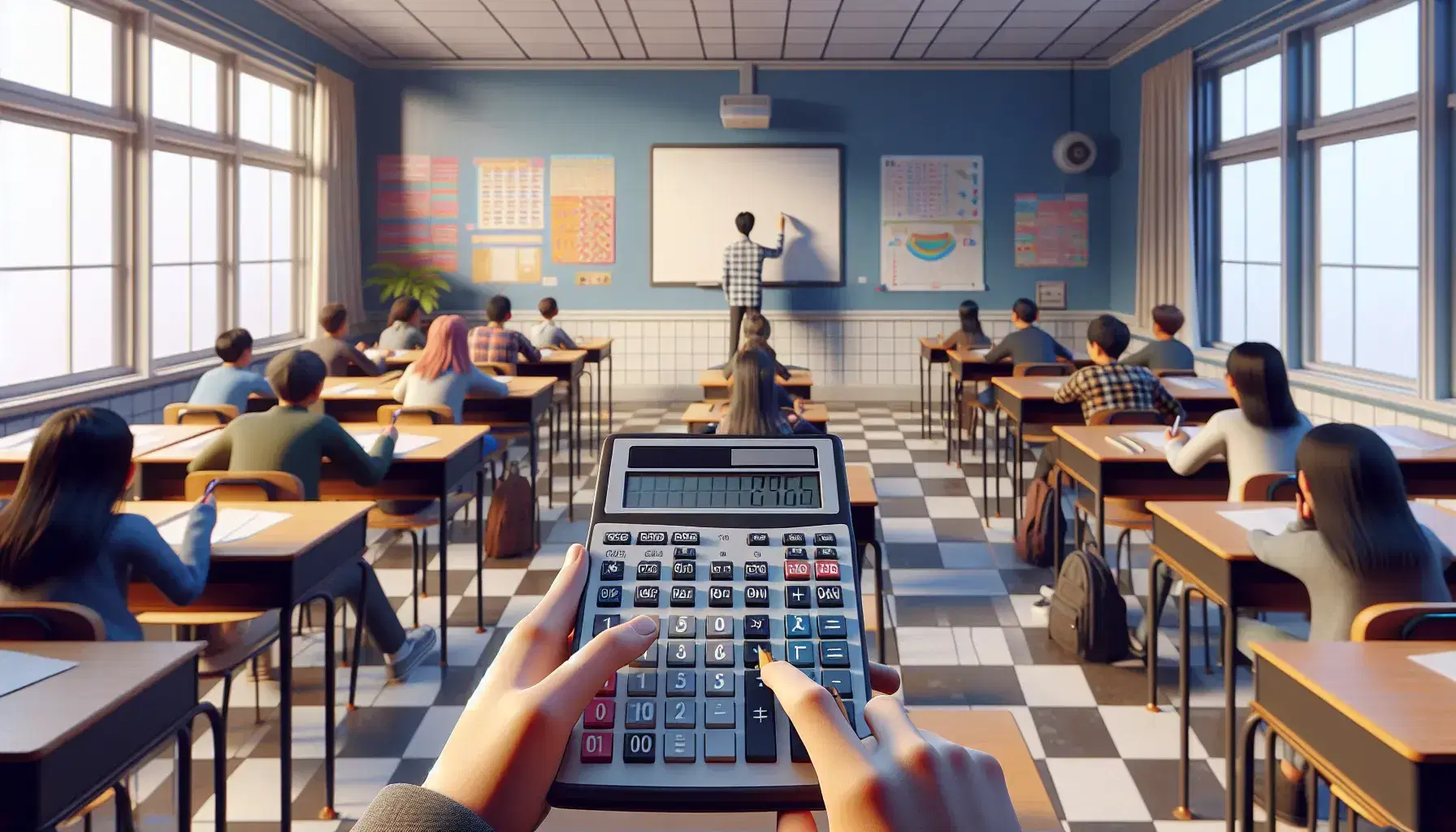 Diverse students with calculators and papers at desks in a classroom, a teacher points to a whiteboard, natural light fills the space.