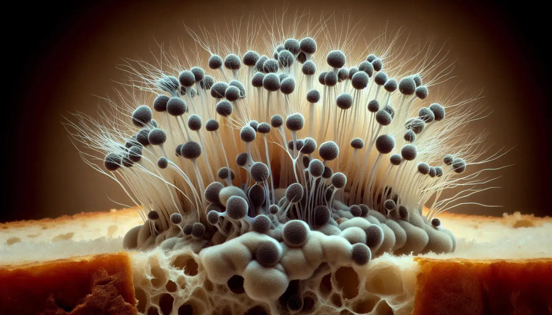 Close-up view of Rhizopus stolonifer, or black bread mold, with white mycelium and dark sporangia on beige bread surface, highlighting fungal details.