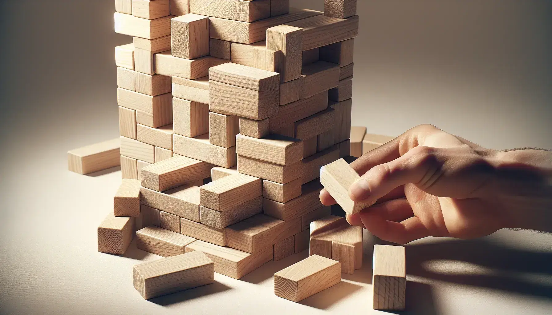 Torre de bloques de madera con una mano humana añadiendo o retirando una pieza, en un fondo neutro y desenfocado que resalta la textura natural de la madera.