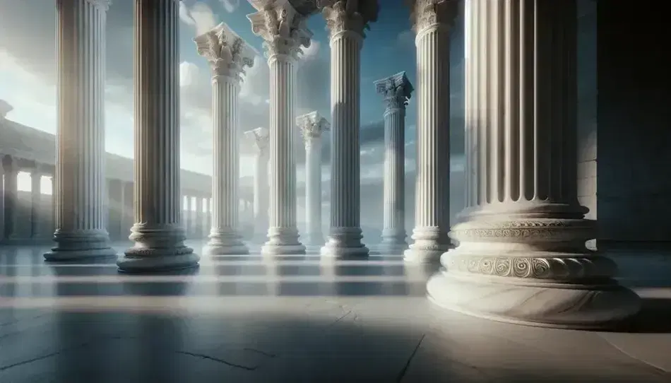 Colonne romane in marmo bianco con capitelli corinzi, su pavimento levigato, sotto cielo azzurro con nuvole sparse.