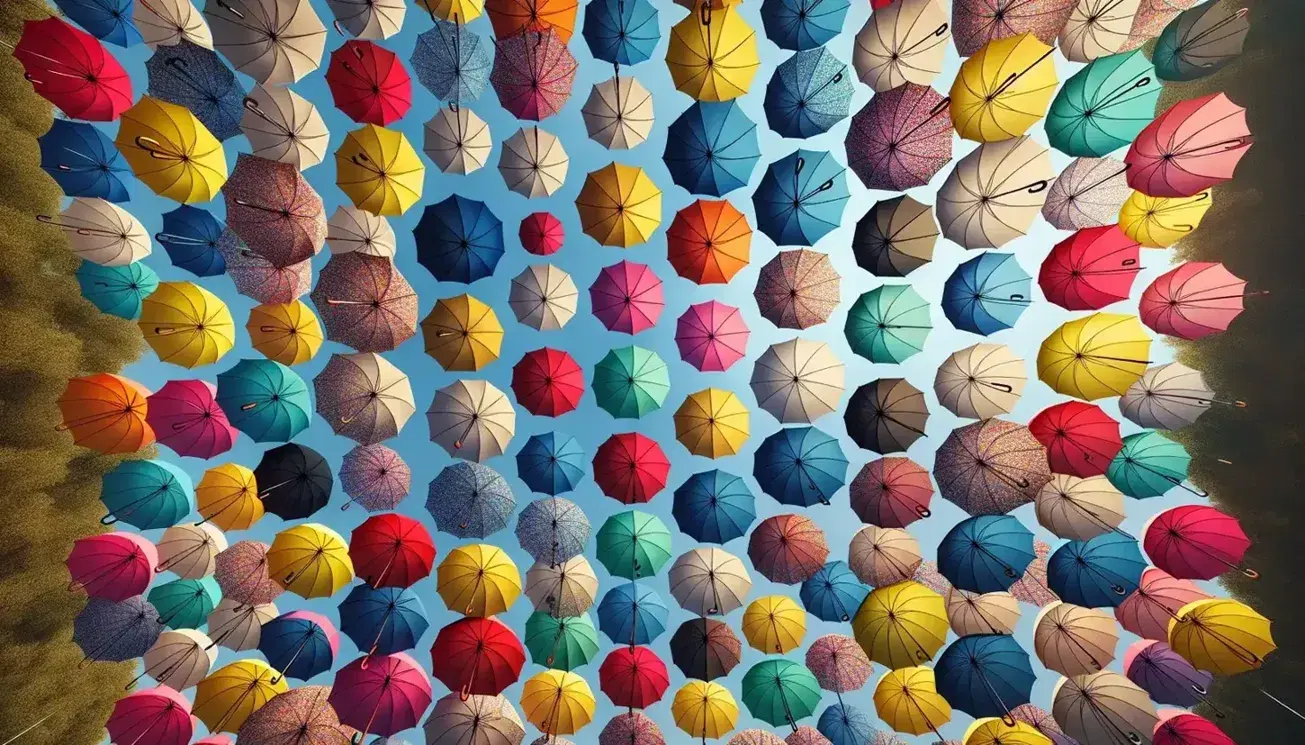 Colorful roof of open umbrellas viewed from above, creating a mosaic of red, blue, green, yellow and purple under a clear blue sky.