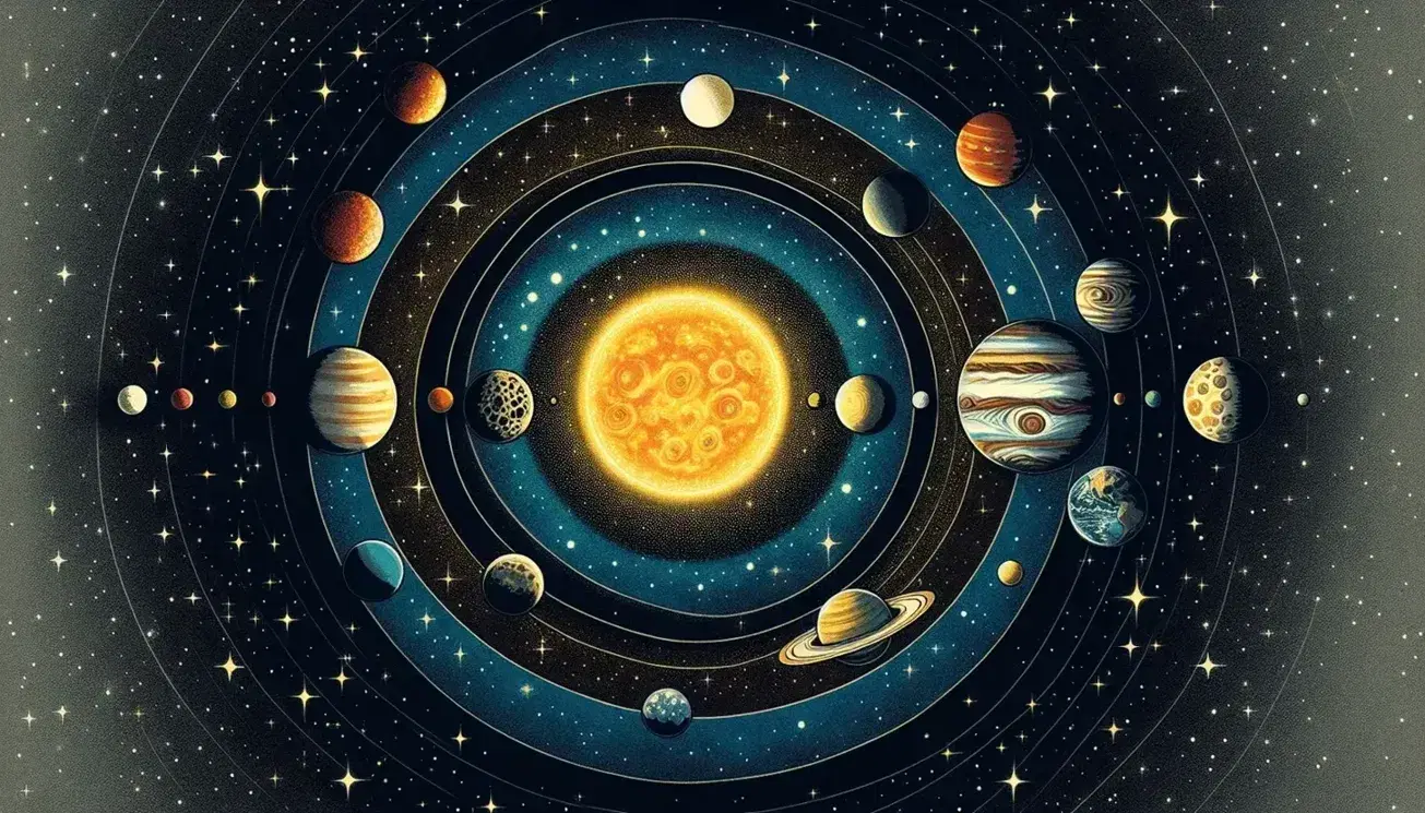Rappresentazione artistica del Sistema Solare con Sole incandescente, otto pianeti distinti e orbite su sfondo stellato.