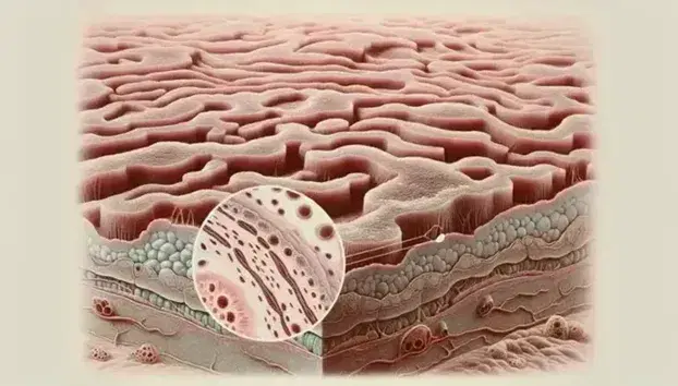 Close-up of human skin with details of the epidermis, pigmentation variations and cross section of its stratifications.