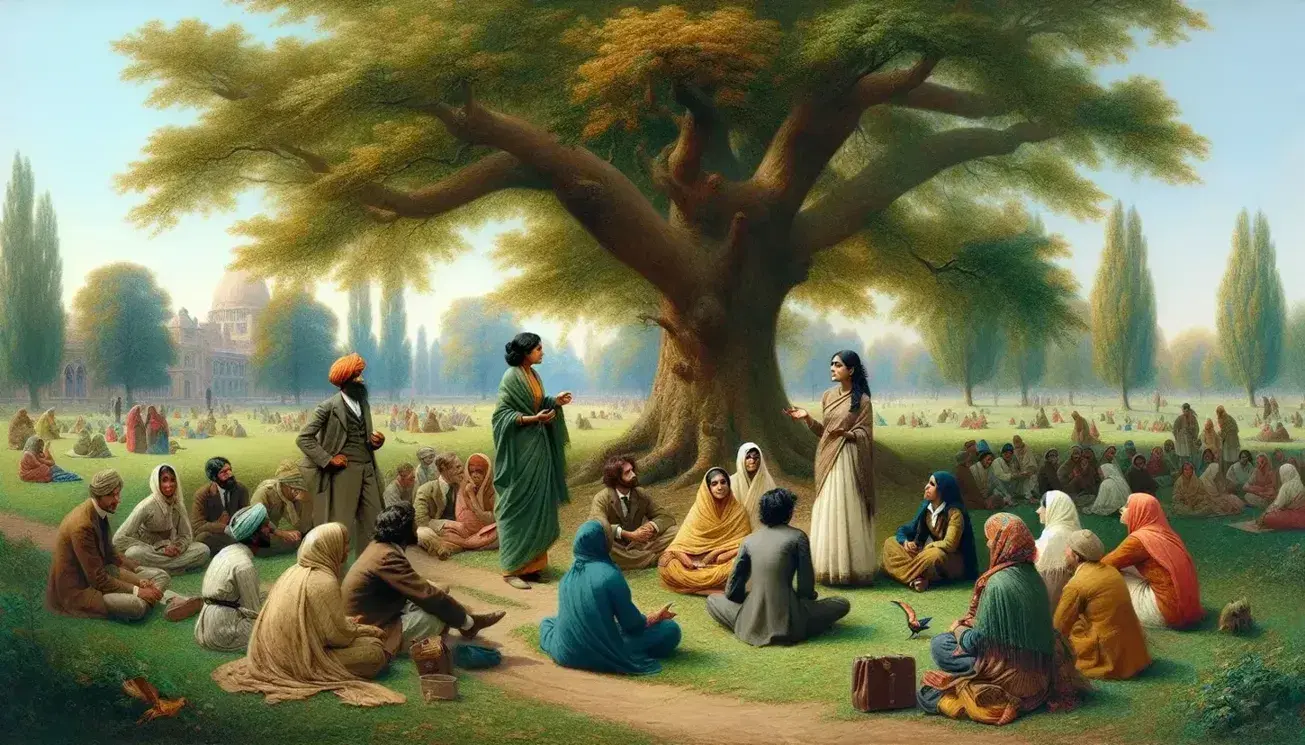 Diverse group of women engaged in conversation at a park, with a large tree, colorful birds, and a lake in the background on a sunny day.