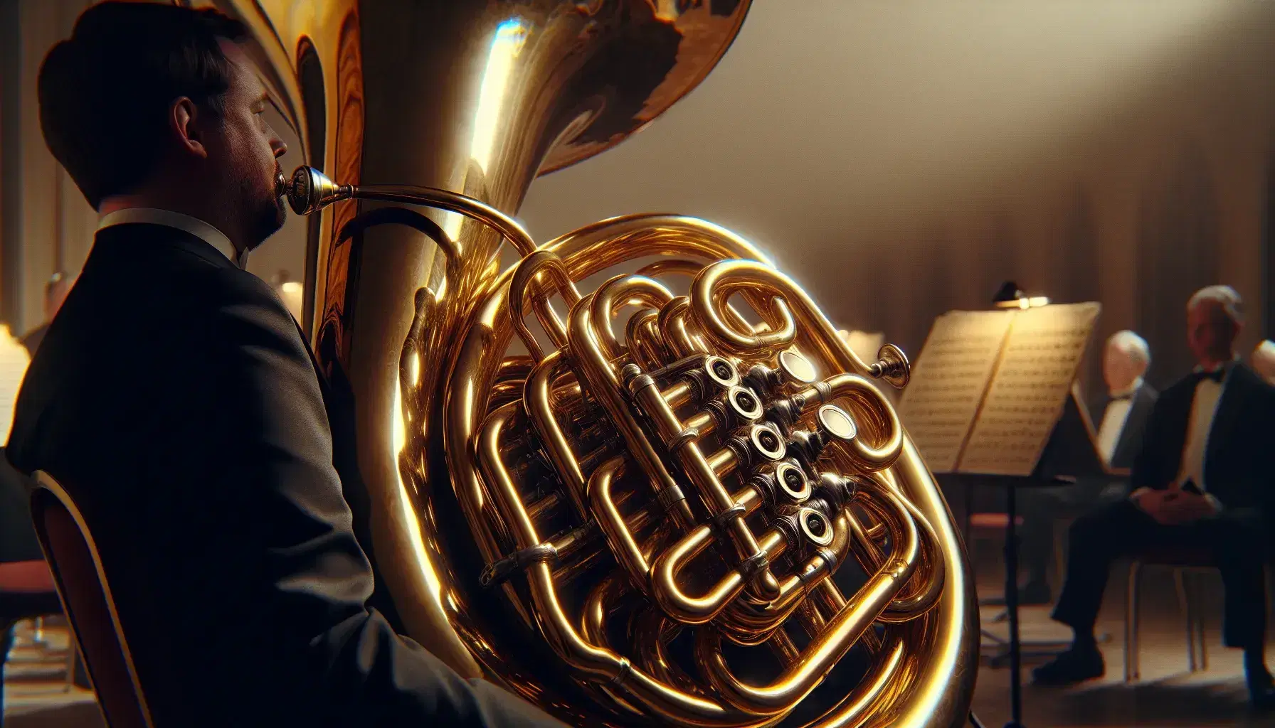 Primo piano di una tuba color ottone con campana rivolta a sinistra e superfici lucide che riflettono una luce soffusa, suonata da un musicista in abiti scuri sfocato sullo sfondo.