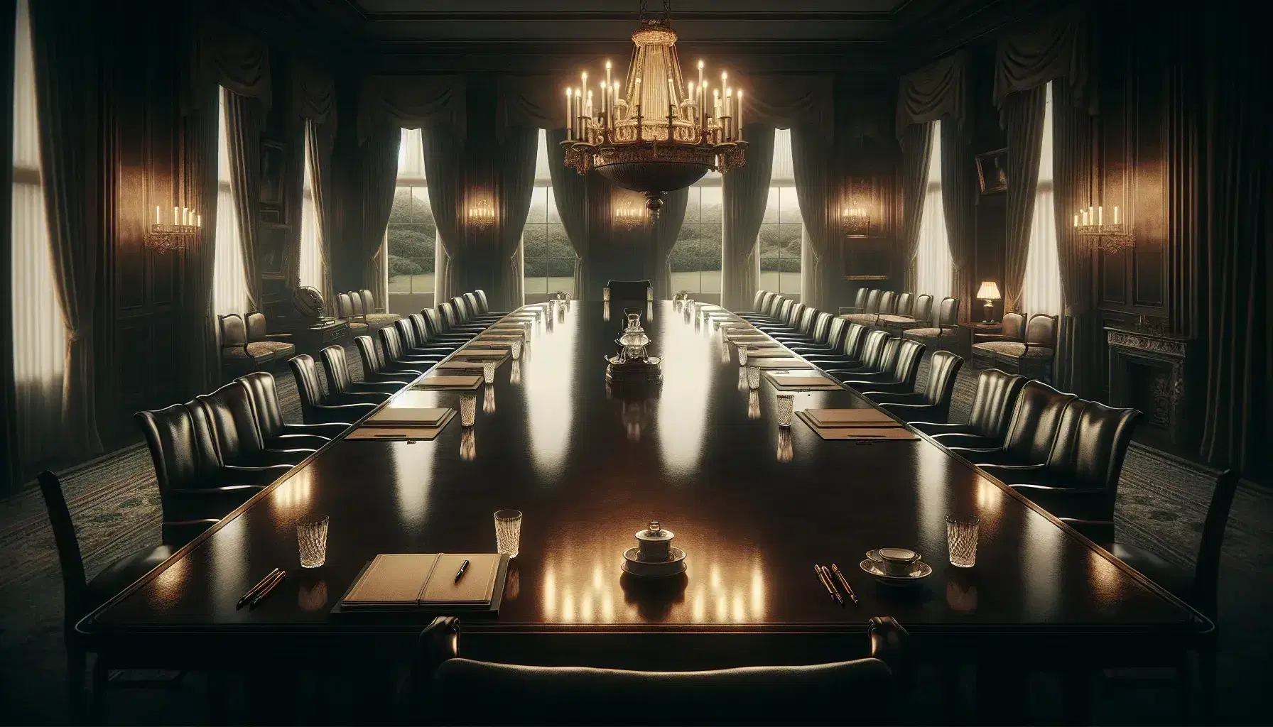 1930s-style conference room with a polished table, leather chairs, fountain pens, and papers, under a chandelier, beside windows overlooking a garden.