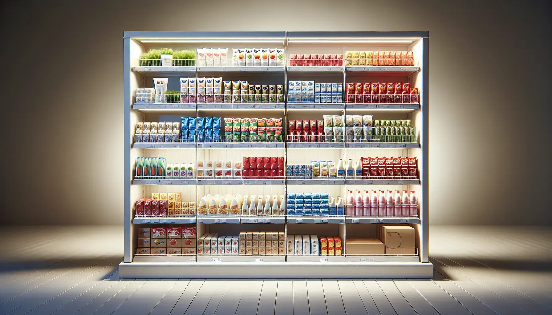 Estante de supermercado organizado con productos de diversos colores y tamaños, destacando un artículo central en empaque rojo rodeado de artículos complementarios en tonos neutros.