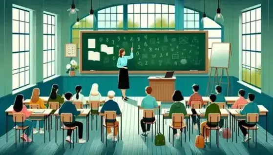 Insegnante spiega davanti a lavagna vuota in aula scolastica con studenti attenti seduti ai banchi, luce naturale da finestra aperta.