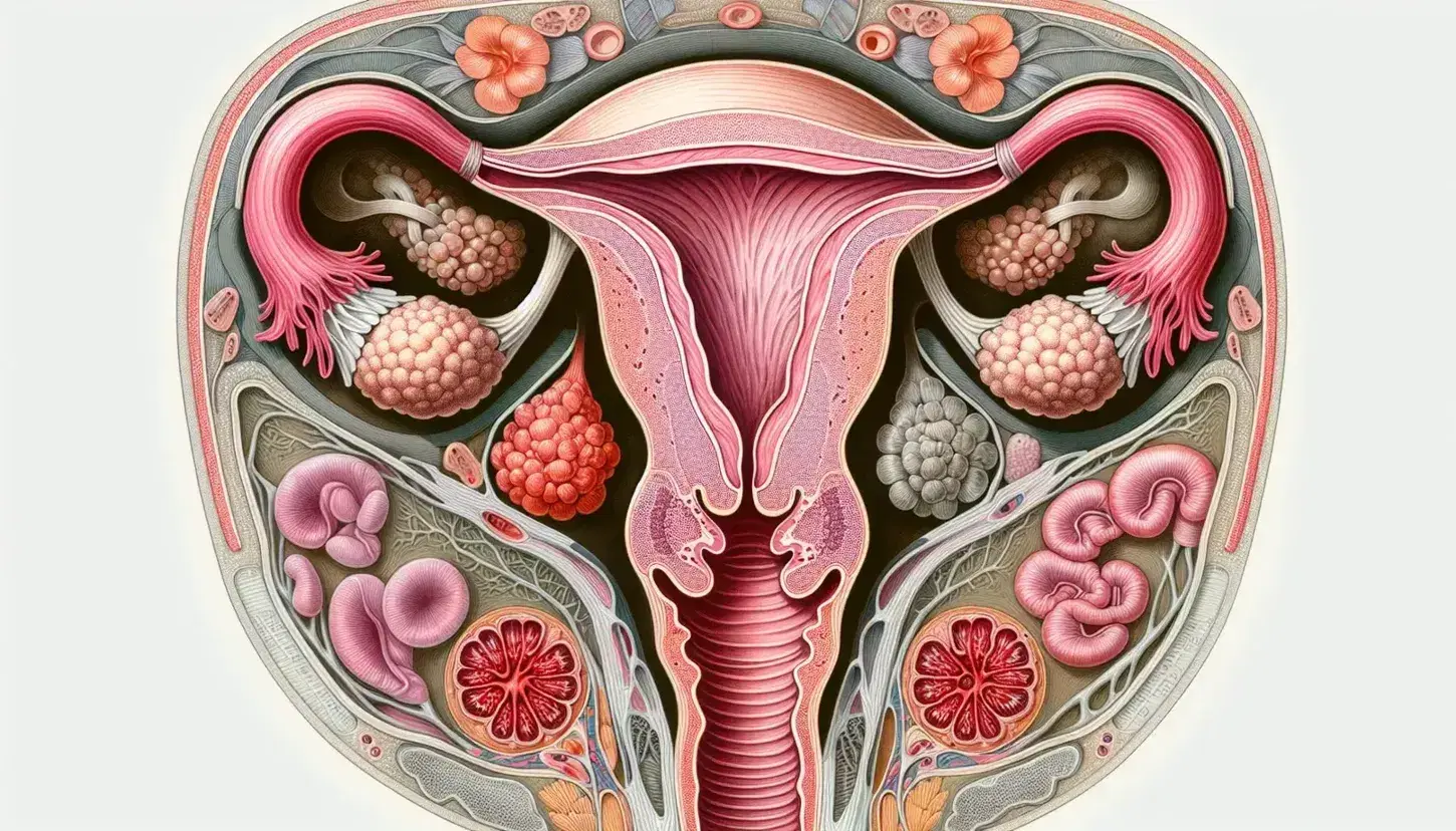 Ilustración detallada de la anatomía reproductiva femenina con útero, trompas de Falopio, ovarios y órganos externos en tonos de rosa y rojo sobre fondo neutro.