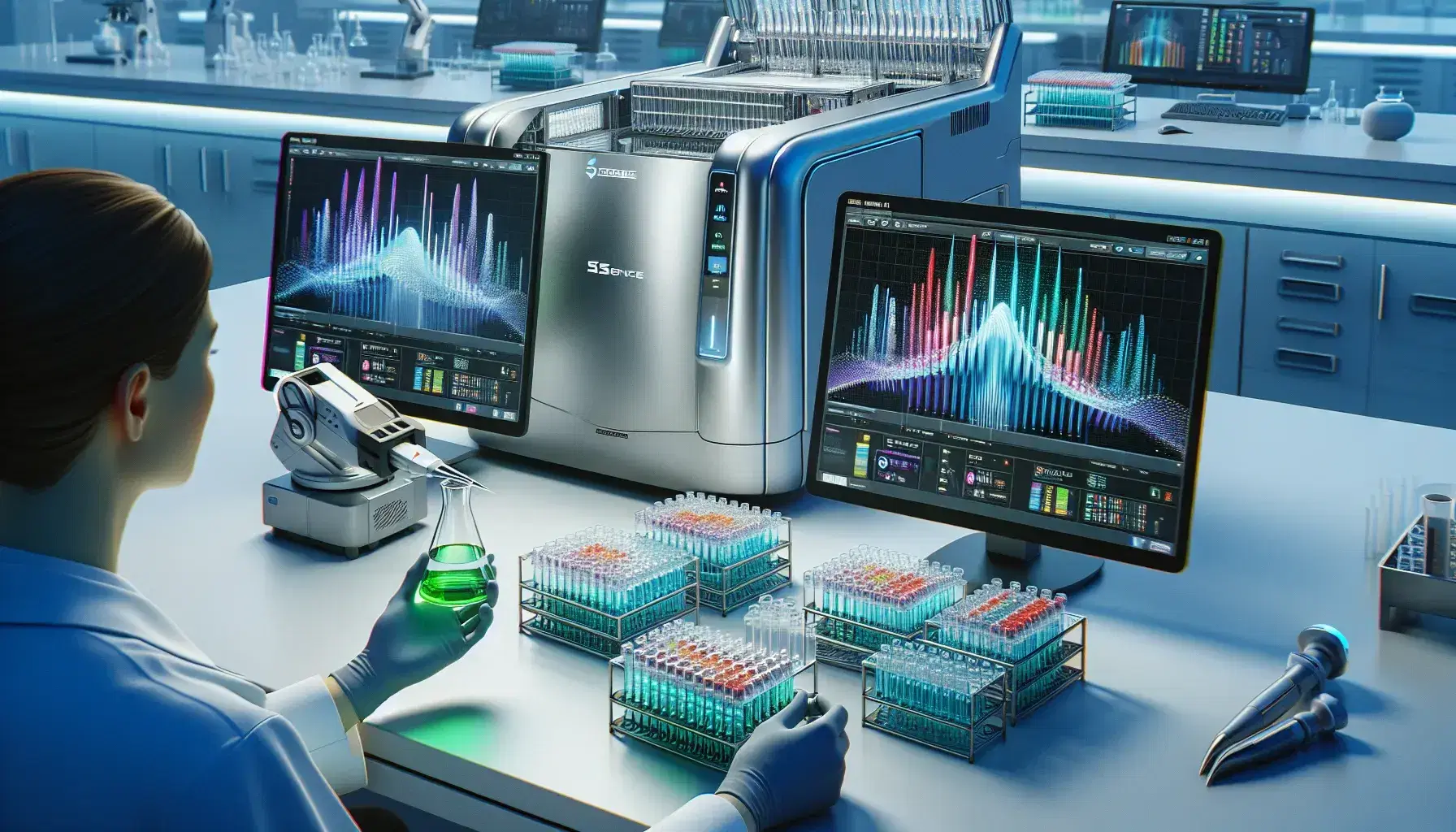 Modern laboratory featuring a sleek high-throughput sequencing machine, colorful liquid samples, advanced robotic pipetting system, and a scientist analyzing a green specimen.