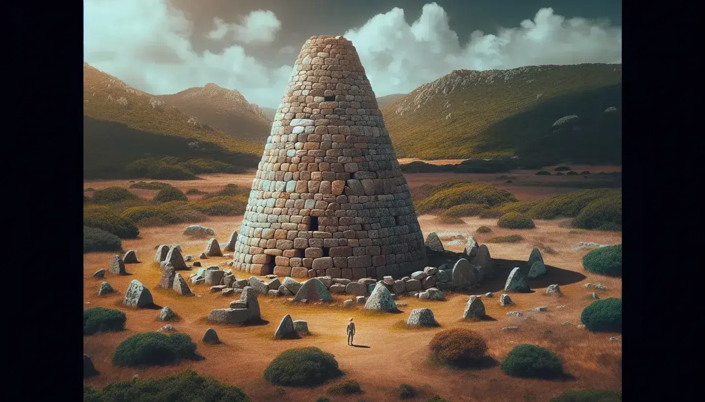 Nuraghe in pietra della Sardegna con torre conica e blocchi sovrapposti, circondato da paesaggio erboso e colline, sotto cielo azzurro con nuvole sparse.