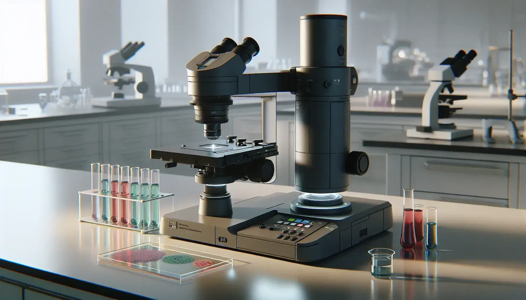 Microscopio elettronico a trasmissione grigio scuro su tavolo da laboratorio con provette colorate e vetrino con tessuto biologico.
