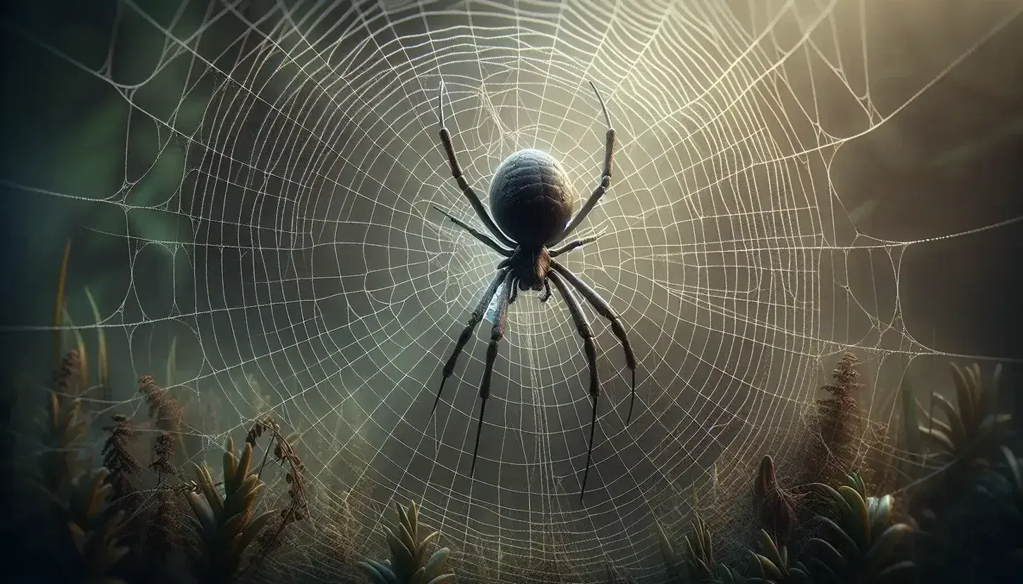 Shiny black spider in the center of a complex web with dew drops shining, on a natural green and brown blurred background.