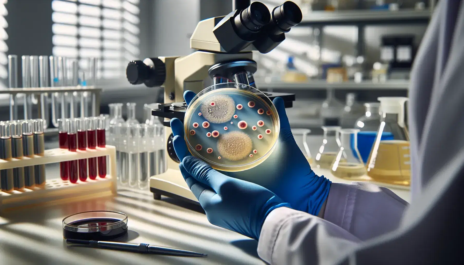 Female scientist in blue gloves analyzing bacterial colonies on agar in a petri dish, with a microscope and lab equipment in the background.