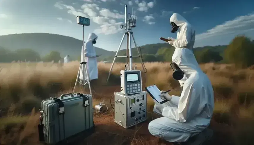 Científicos realizando monitoreo ambiental en campo abierto con equipo portátil de medición de gases y anotaciones en cuaderno, bajo cielo azul con nubes dispersas.