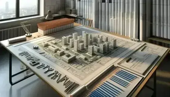 Mesa de trabajo de estudio de arquitectura con plano de edificio urbano, herramientas de dibujo, modelo tridimensional y tubos de almacenamiento.