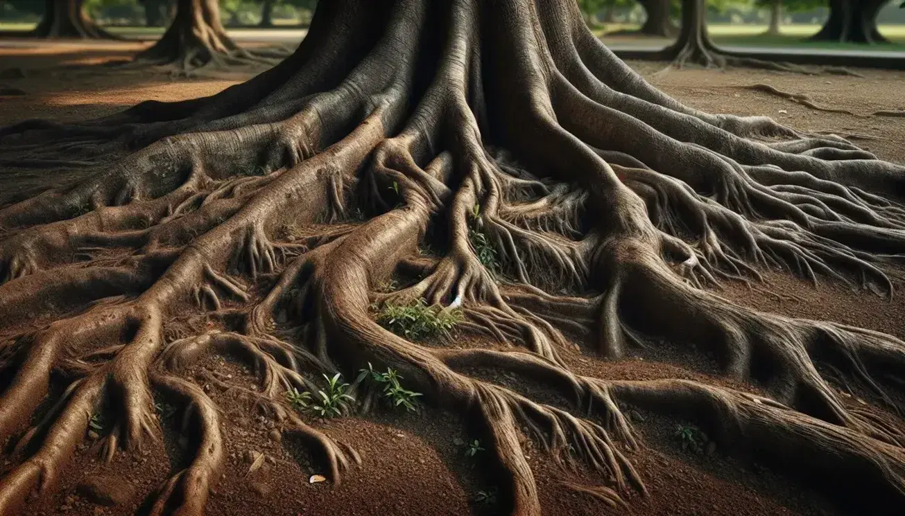 Mature tree with exposed gnarled roots and textured bark, surrounded by fertile soil and green sprouts in a dappled sunlight forest setting.