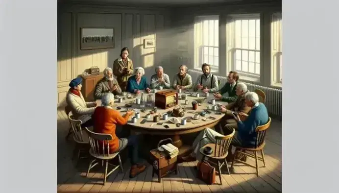 Gruppo eterogeneo conversa attorno a tavolo rotondo con radio vintage, cellulare moderno, tazza di caffè e libro aperto.