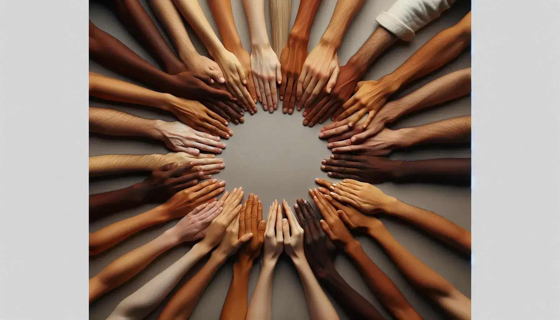 Mani di diverse etnie si uniscono a formare un cerchio su sfondo neutro, simboleggiando unità e diversità culturale.