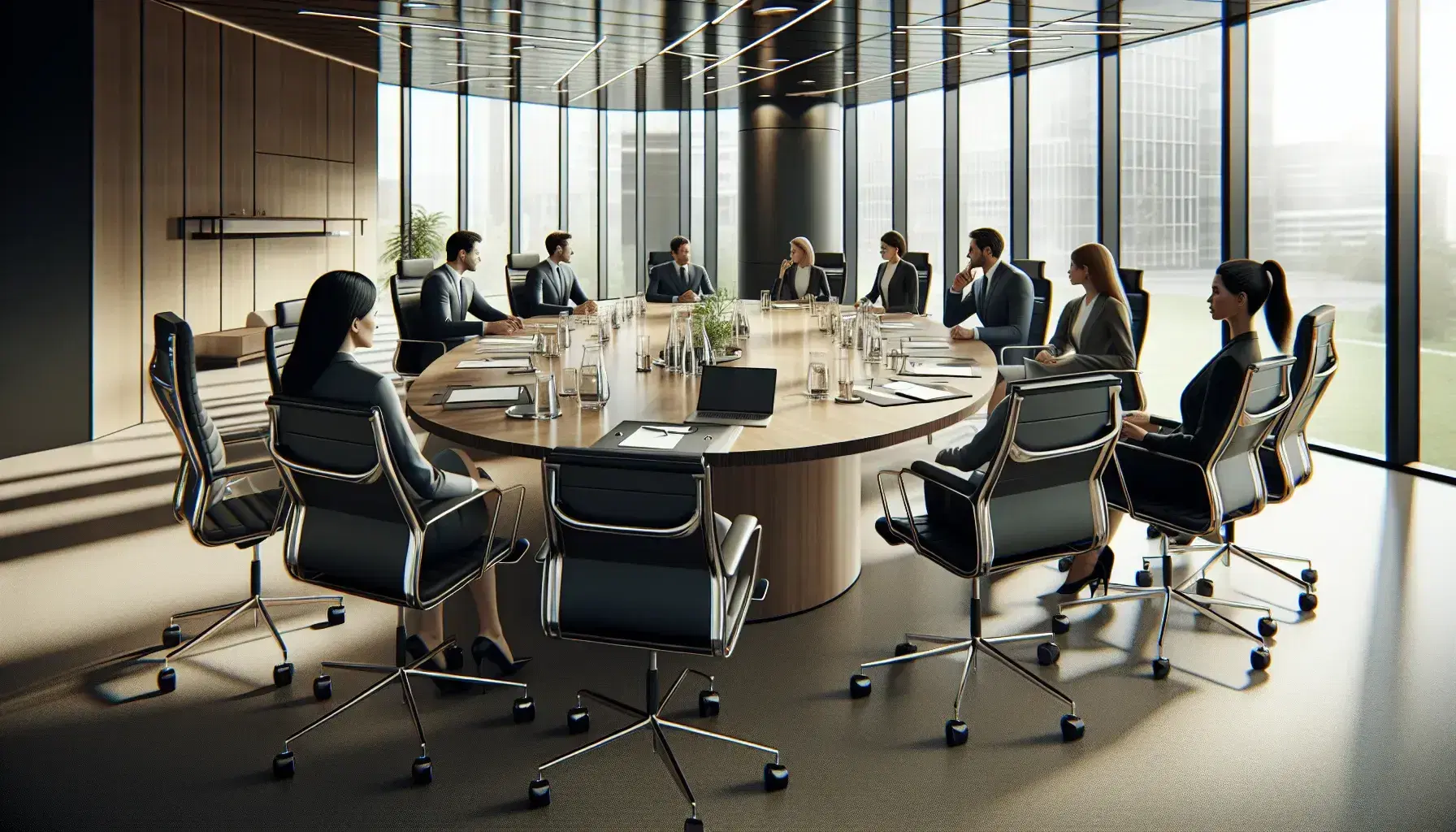 Diverse professionals in a meeting room with a wooden table, ergonomic chairs, laptops, and a water pitcher, in a well-lit, modern office setting.