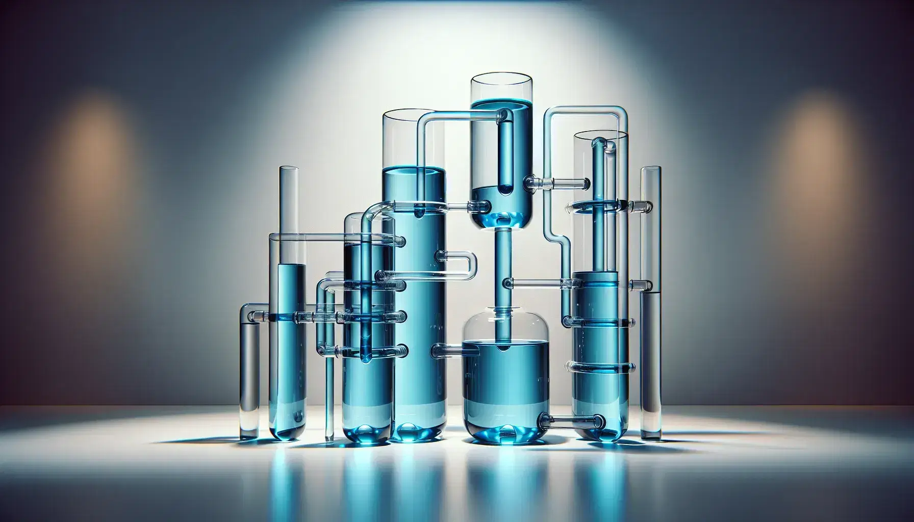 Vasi comunicanti trasparenti con liquido blu allo stesso livello, riflessi di luce evidenziano la trasparenza e il principio fisico.