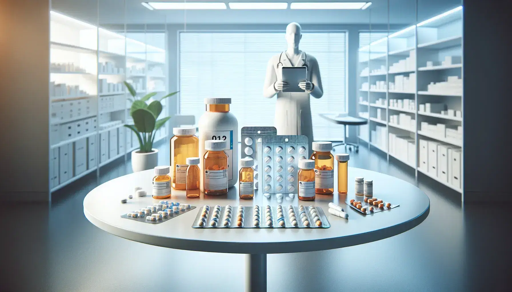 Clinical environment with table containing medicine bottles and colorful pill blisters, healthcare professional with tablet and green plant.