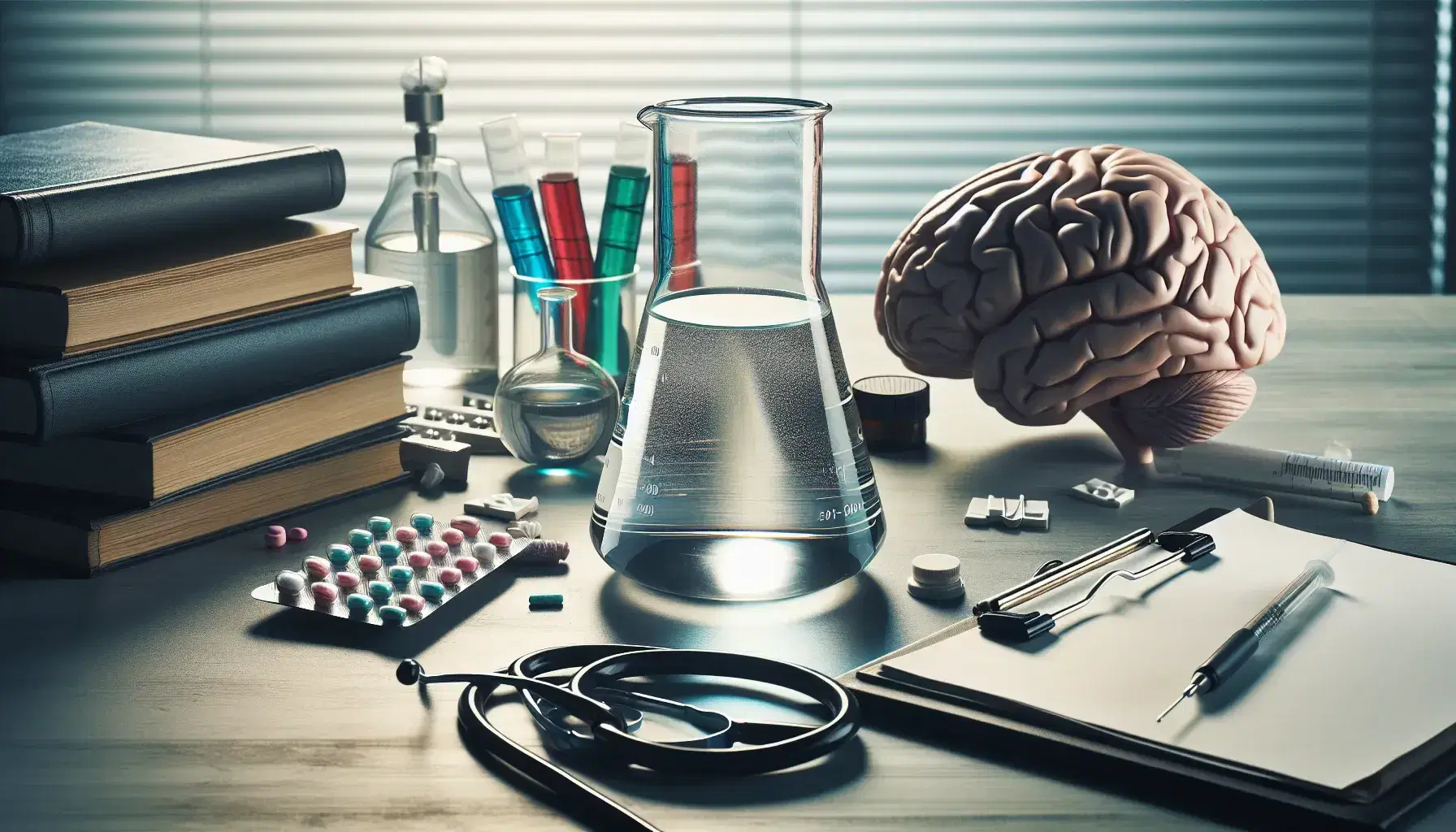 Messy desk in clinical environment with beaker, stethoscope, books, notes, human brain model and green plant.