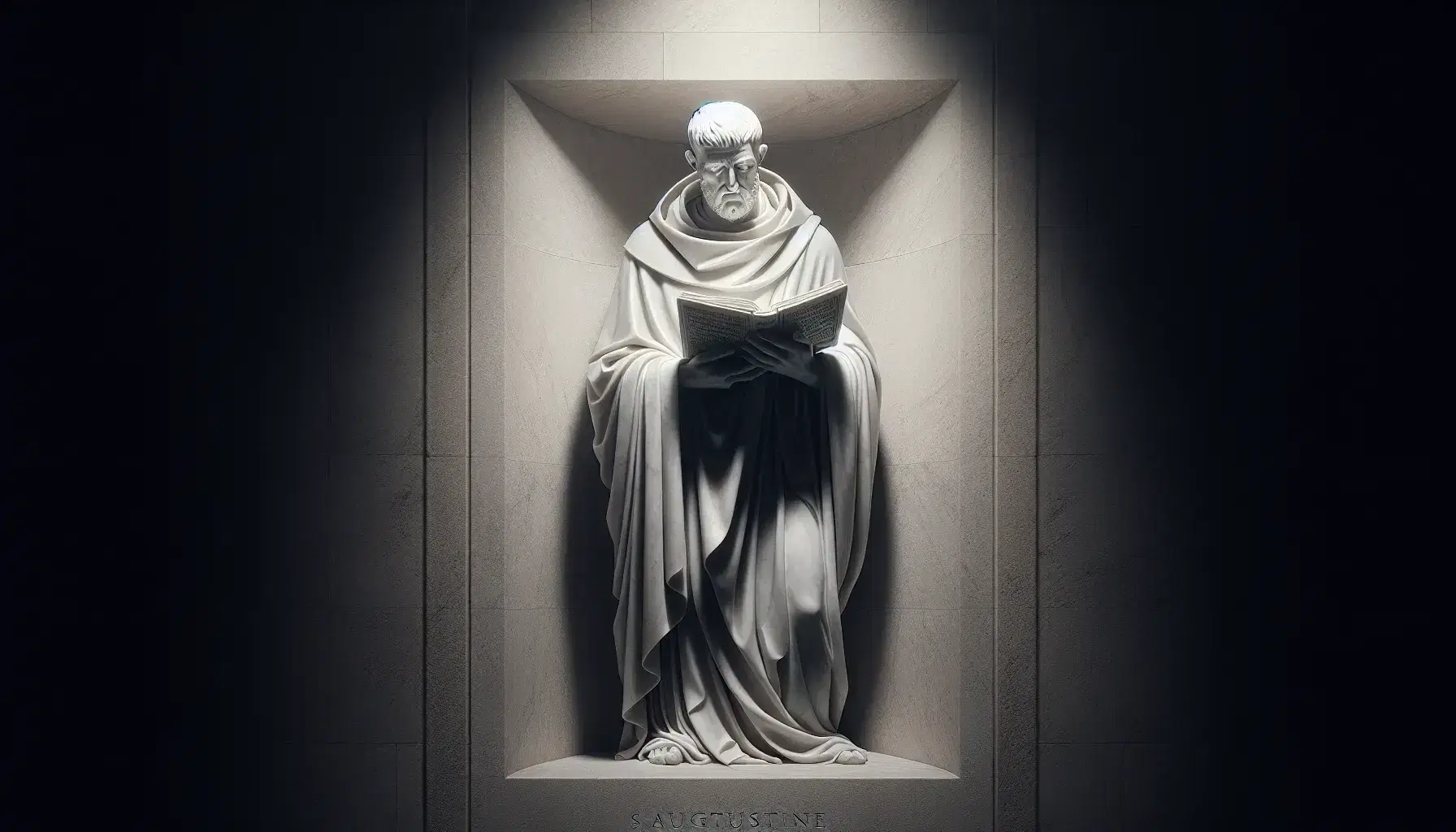 Estatua de mármol blanco de San Agustín de Hipona, de pie con túnica y sosteniendo un libro abierto, en una hornacina iluminada.