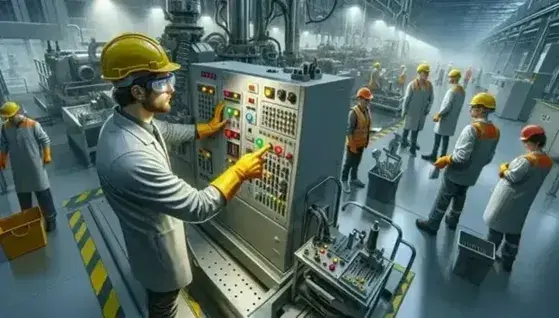 Trabajadores con equipo de seguridad operando maquinaria y controlando paneles en ambiente industrial iluminado.