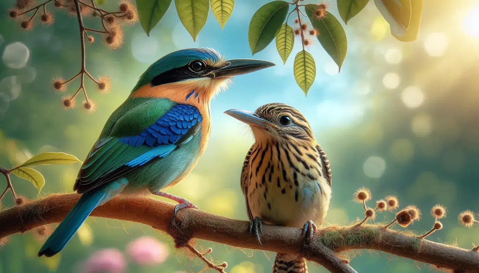 Dos aves de especies distintas posadas en ramas cercanas, una con plumaje azul y verde y la otra marrón y beige, en un entorno natural con luz solar filtrándose.