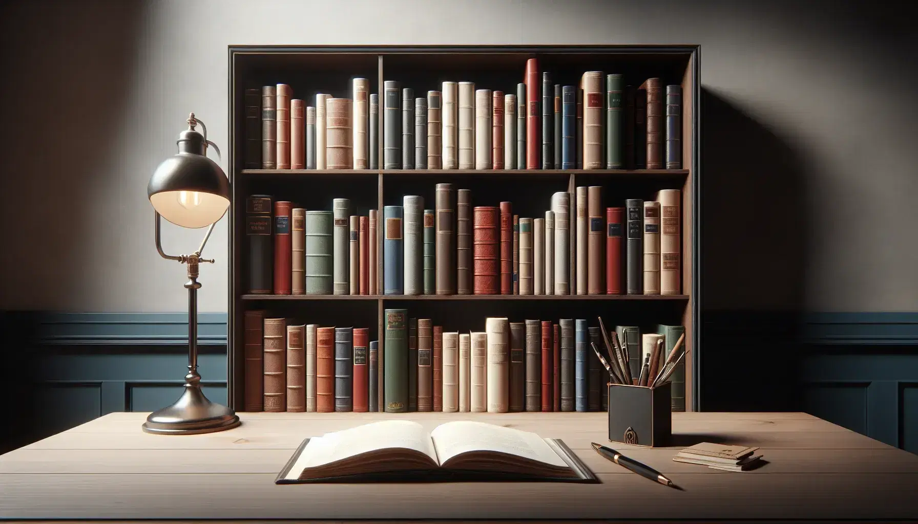 Estante de madera oscura con libros variados y mesa con libro abierto, pluma antigua y lámpara de pie, ambiente cálido y acogedor.