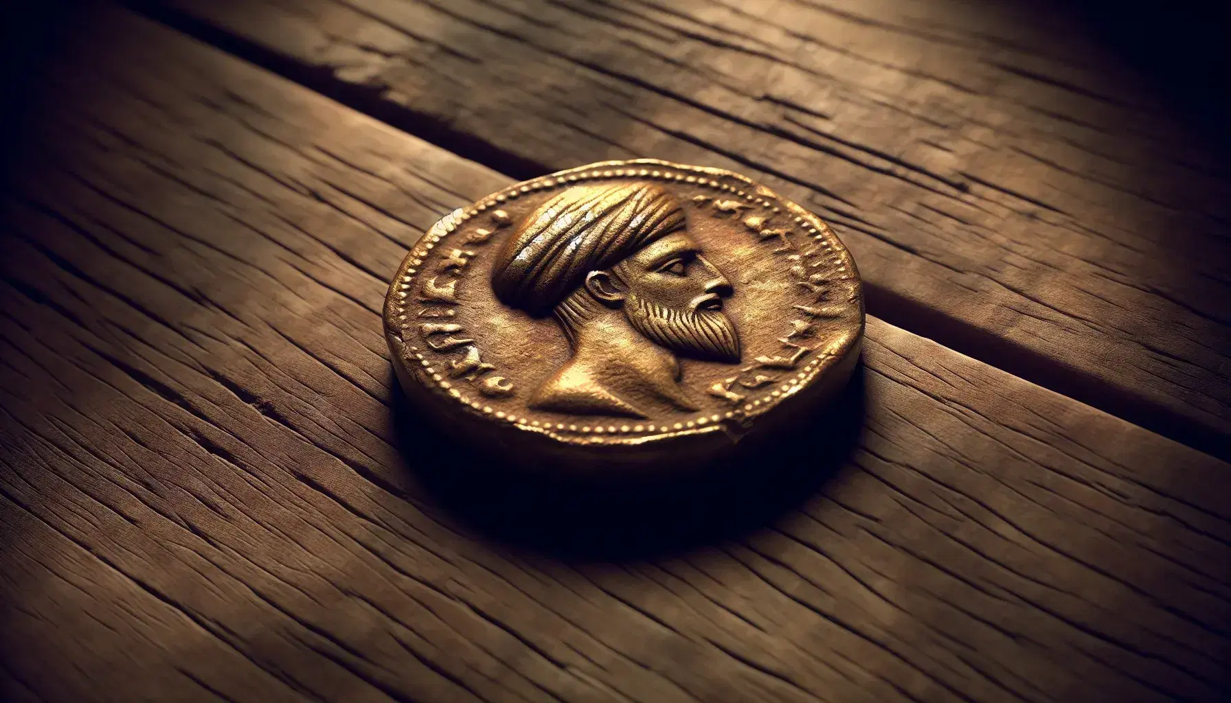 Ancient gold coin with a man's profile in relief, possibly from the third Caliph era, on a plain wooden background with visible grain and soft shadow.