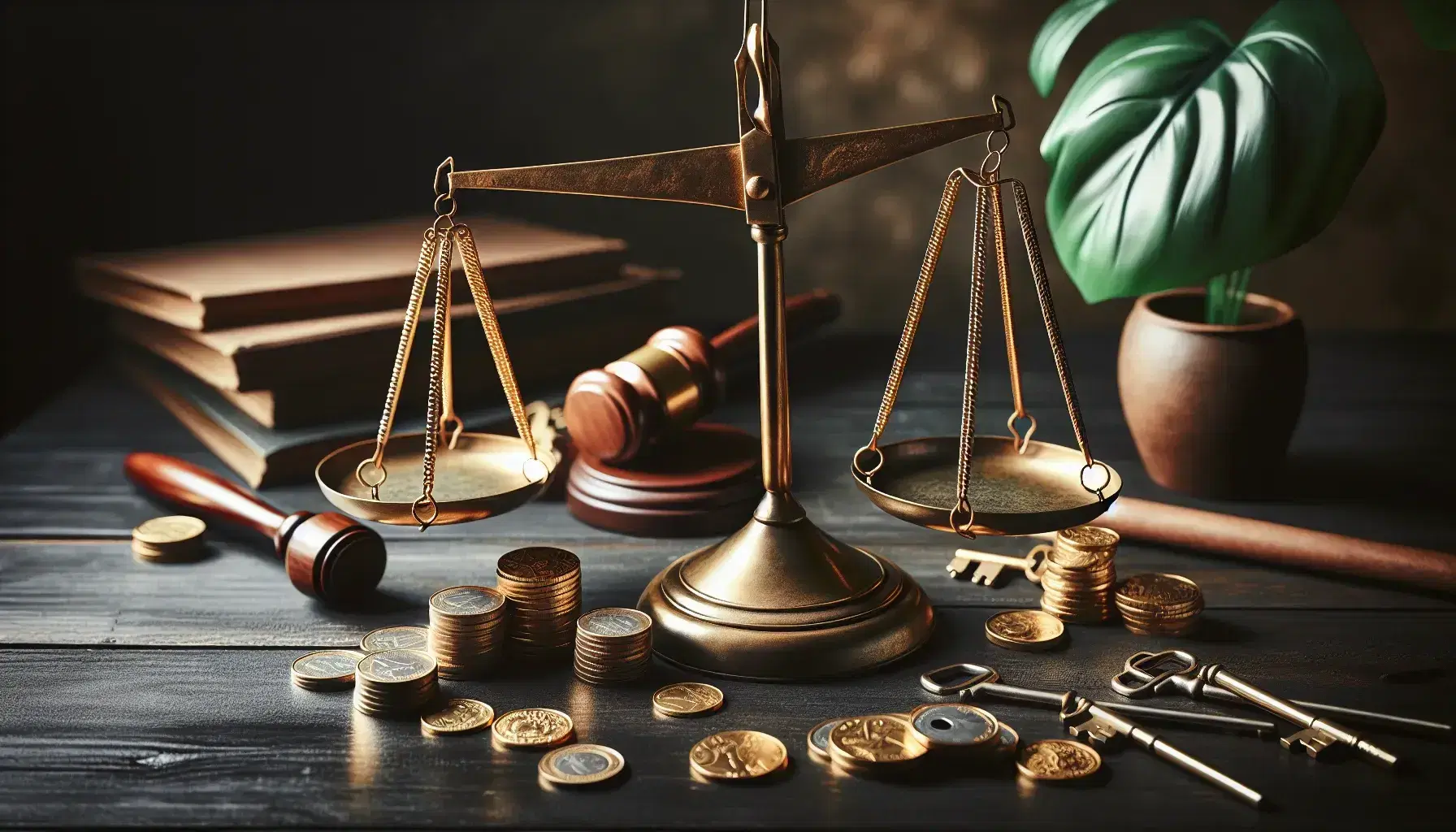 Balanza de justicia de bronce equilibrada en mesa de madera oscura, con monedas de oro a la izquierda y llaves metálicas a la derecha, planta verde al fondo.