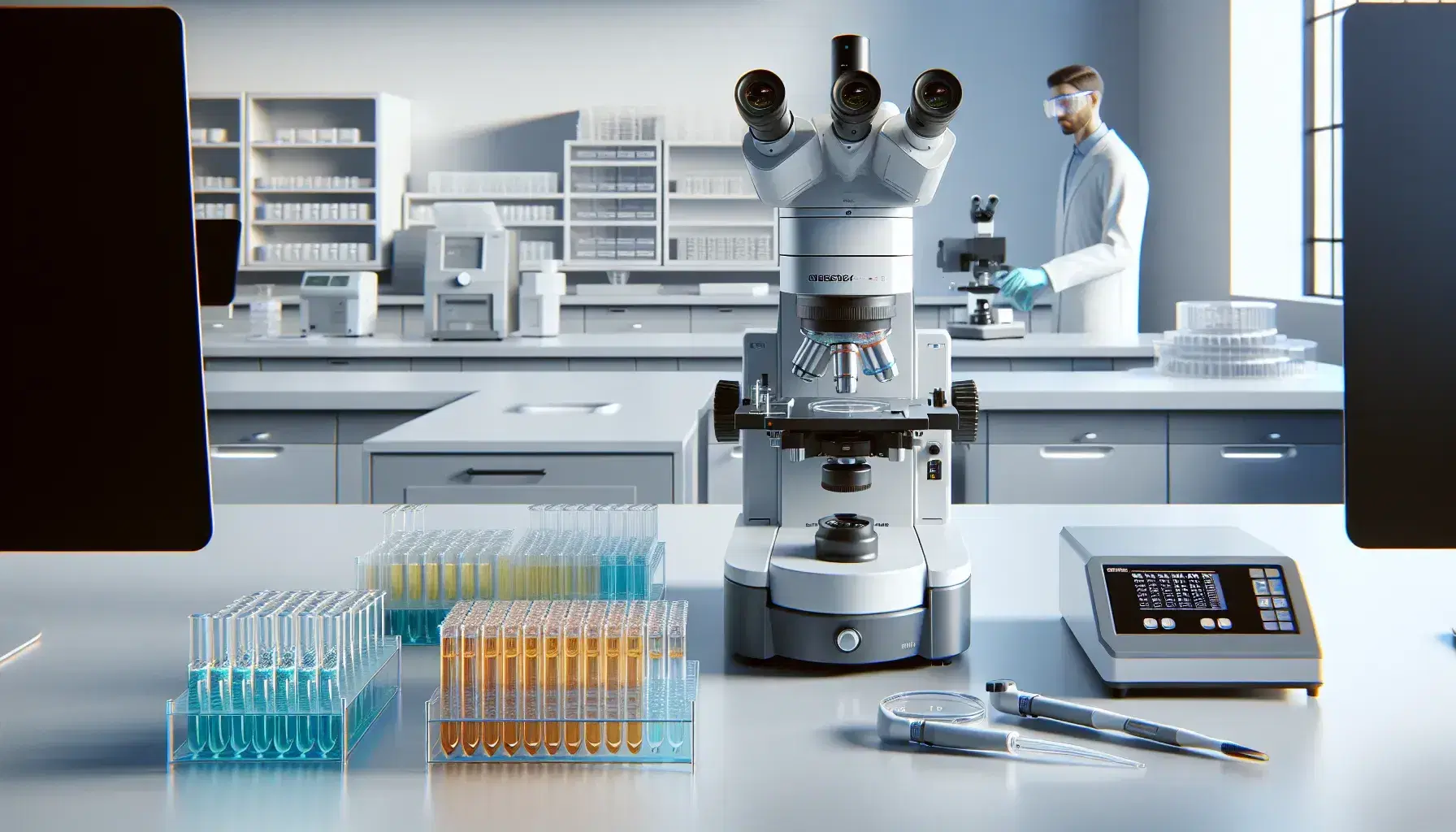 Laboratorio de biotecnología moderno con microscopio electrónico, tubos de ensayo con líquidos de colores, pipeta automática y centrífuga, junto a científico analizando cultivo bacteriano.
