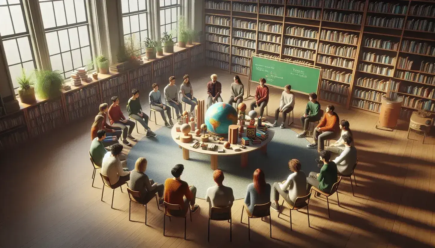 Grupo de estudiantes sentados en círculo en una biblioteca discutiendo objetos educativos sobre una mesa, con estantes de libros y luz natural.