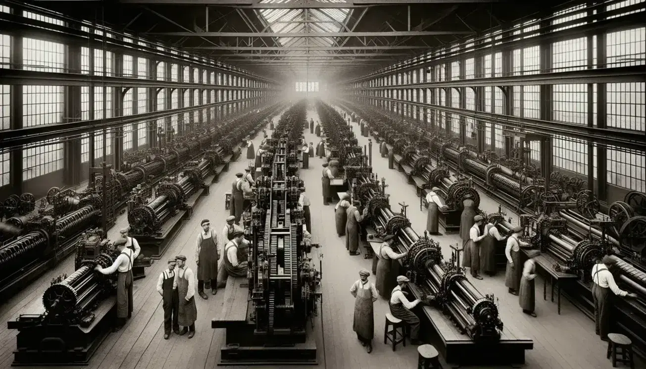 Fabbrica dell'epoca della Seconda Rivoluzione Industriale con operai intenti a lavorare su macchinari metallici simmetrici, illuminati da grandi finestre.
