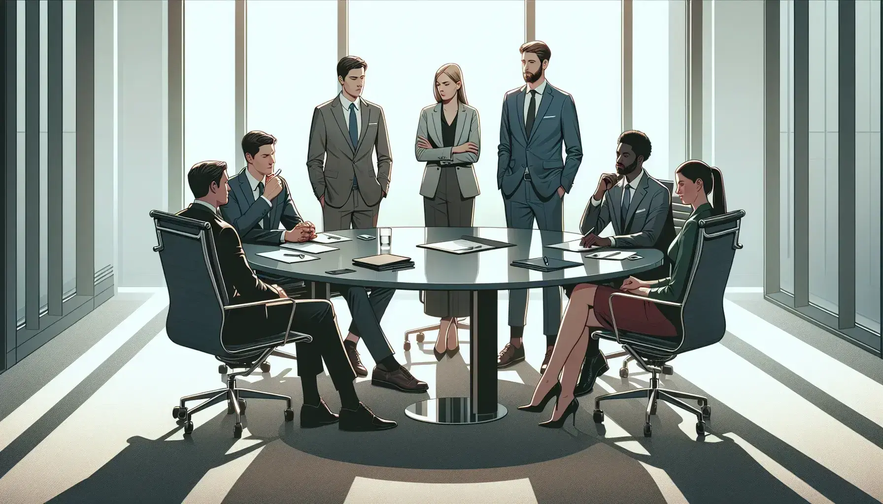 Professional office environment with six workers around reflective round table, elegant clothes, closed folders and pens on the table, soft lighting.