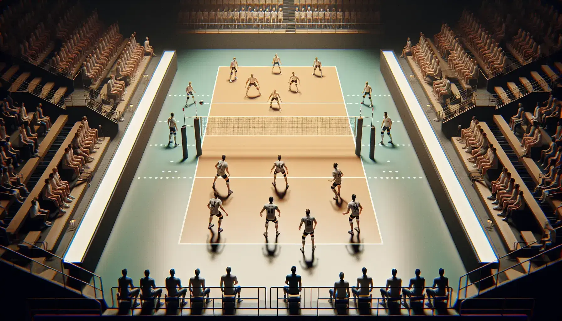 Campo da pallavolo con giocatori in formazione, sei per squadra, divisi da una rete, in un palazzetto sportivo illuminato.