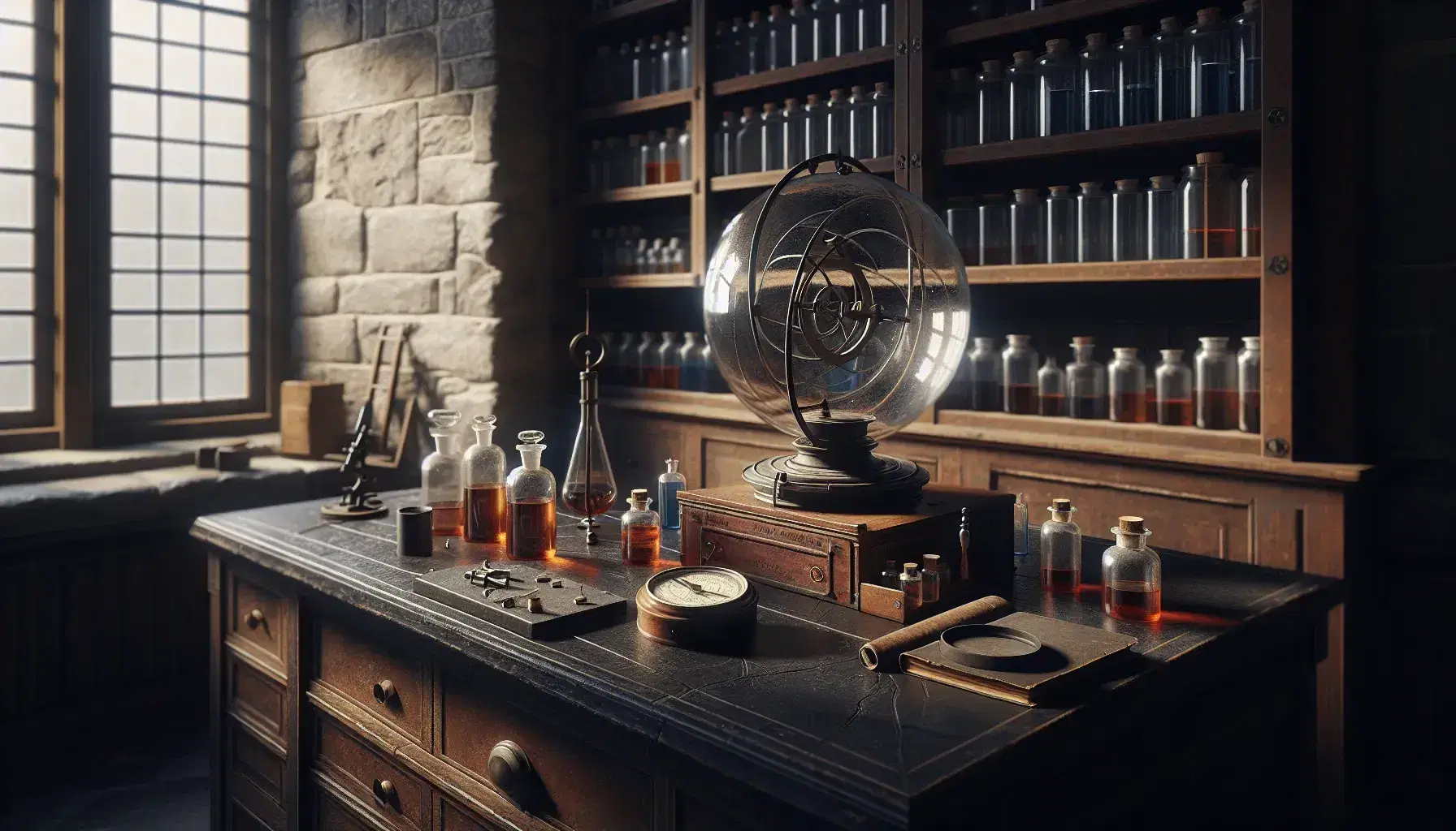 Laboratorio antiguo con paredes de piedra y estantes de madera, mesa con esfera de Van de Graaff y brújula, frascos de colores y libros apilados bajo luz natural.