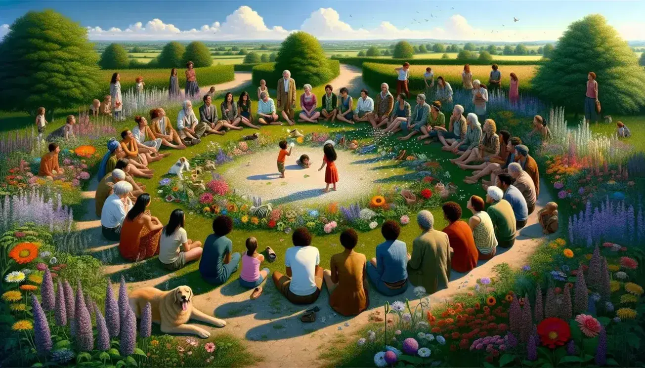 Grupo diverso de personas sentadas en círculo en un jardín con plantas coloridas, niño soplando diente de león y perro descansando en un día soleado.