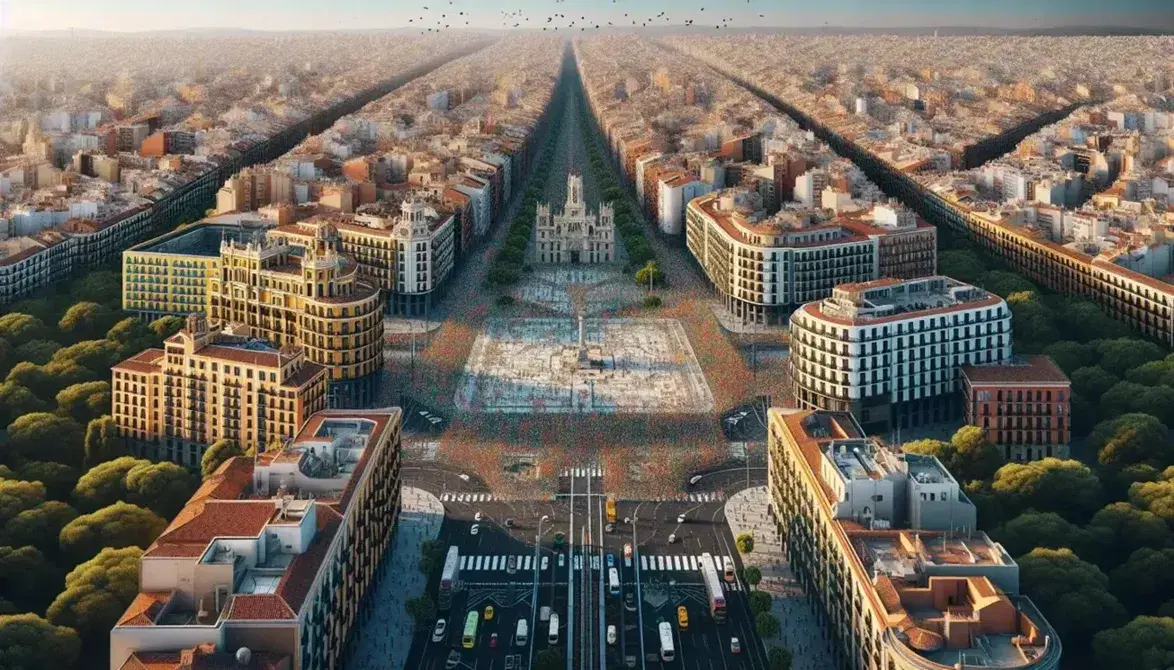 Vista aerea di una grande piazza centrale in una città spagnola, con edifici storici, strade affollate e un parco cittadino.