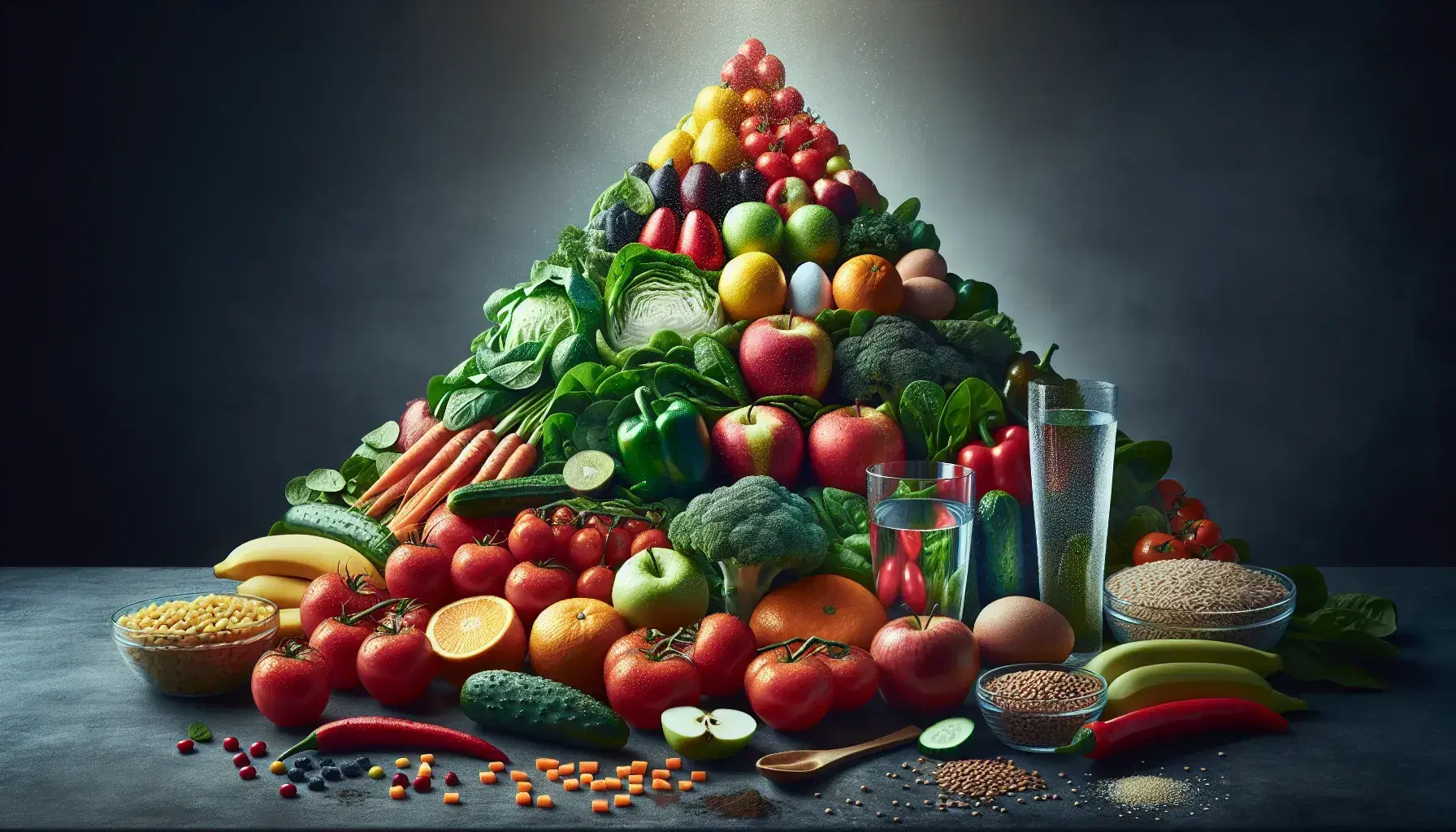 Piramide alimentare con verdure fogliose, pomodori, carote, peperoni, frutta come mele e banane, cereali integrali e proteine come pollo e legumi.