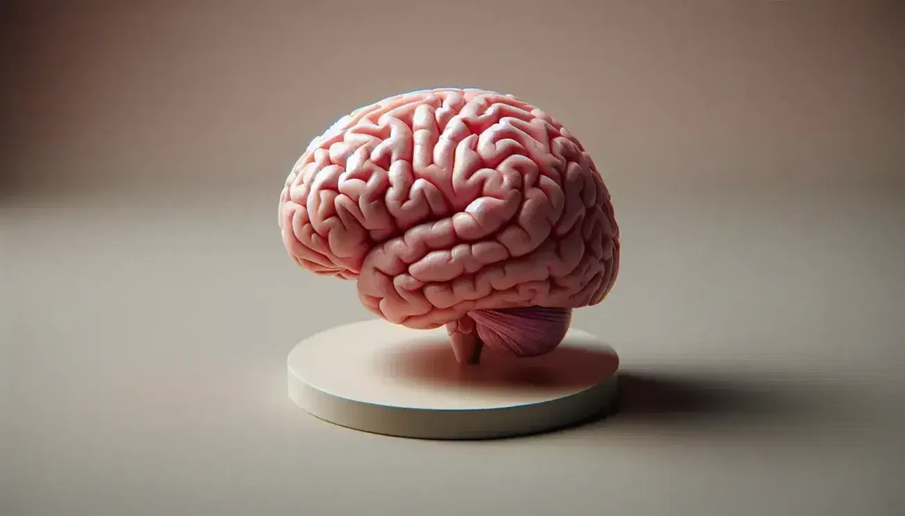 Cerebro humano detallado en tonos rosados y rojizos sobre superficie lisa, destacando sus surcos y giros anatómicos con iluminación suave.