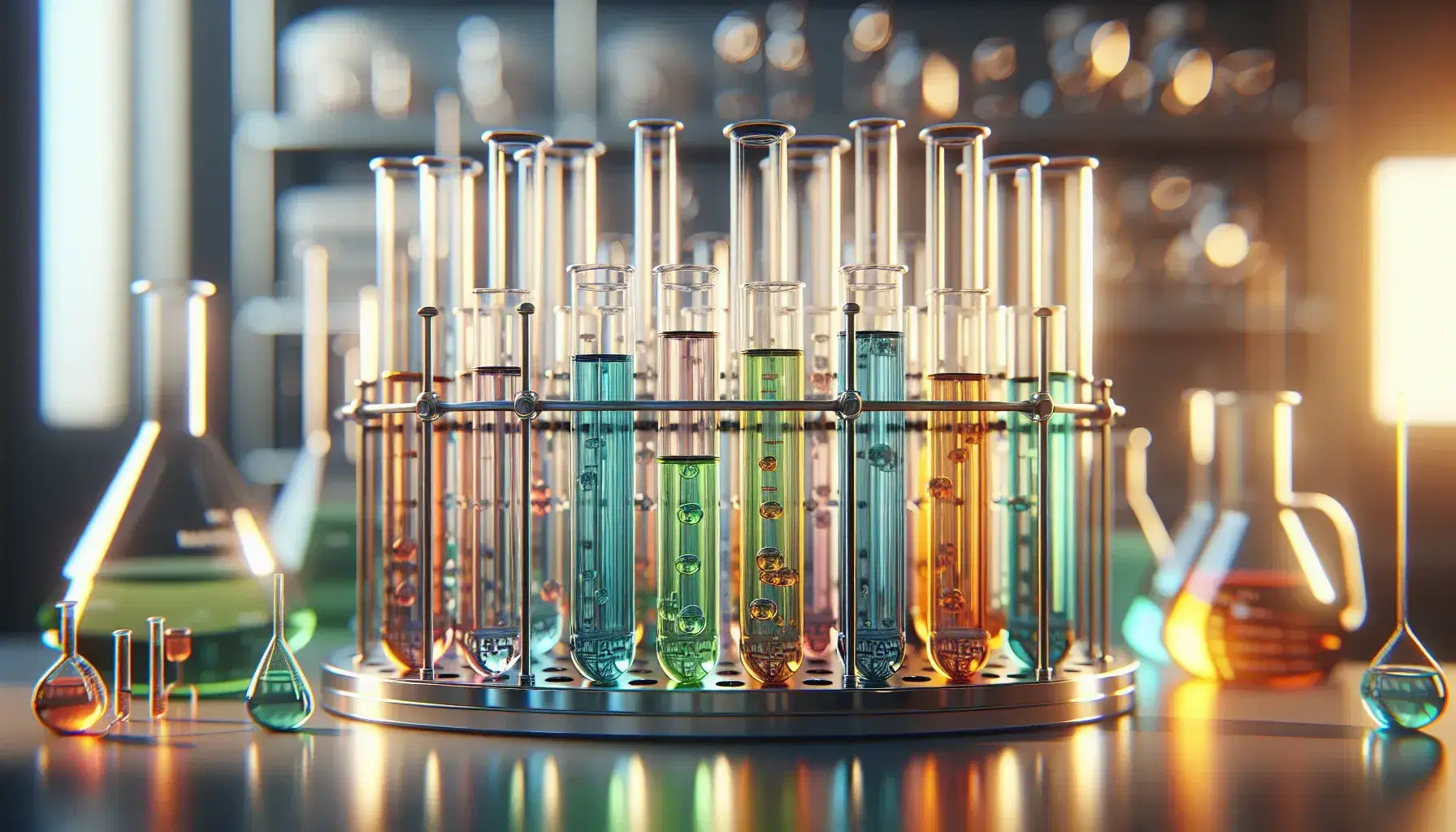 Primer plano de tubos de ensayo transparentes con líquidos de colores azul claro, verde y naranja en un soporte metálico, con equipo de laboratorio desenfocado al fondo.