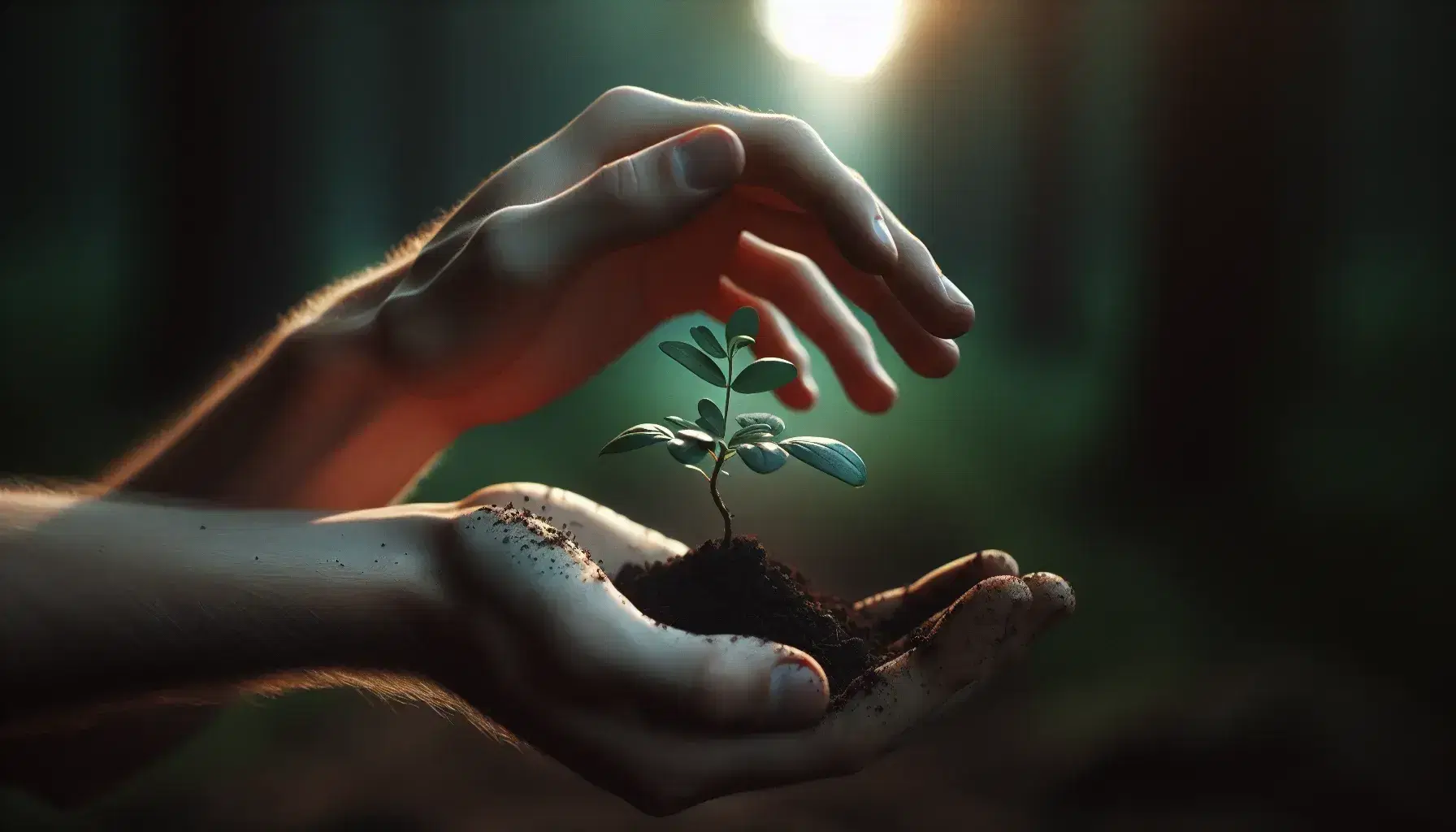 Manos intercambiando una pequeña planta en maceta, una clara y otra oscura, sobre fondo desenfocado verde y marrón.