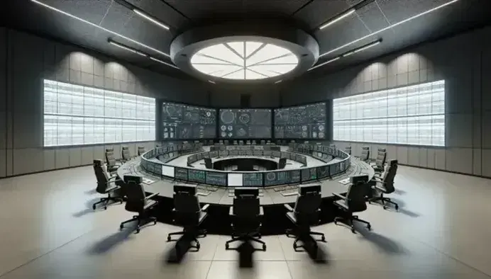 Centro de control con mesa redonda y sillas ergonómicas, pantallas de computadora mostrando gráficos, pantalla grande en la pared, pizarras blancas y planta interior.