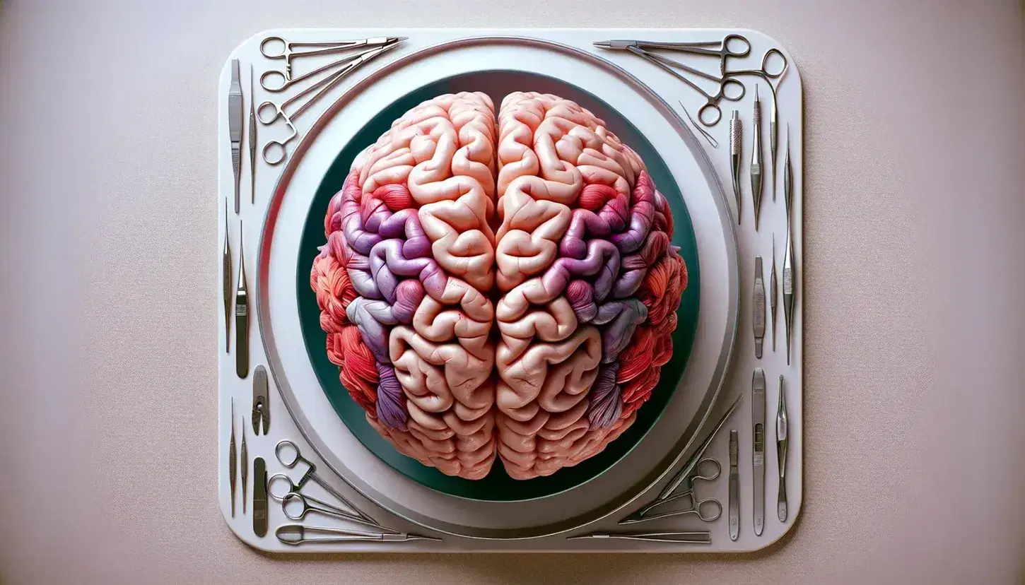 Modello anatomico di cervello umano con emisferi colorati e strumenti chirurgici in acciaio inossidabile disposti intorno.