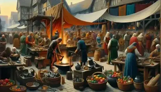 Lively medieval market with people in period clothing, stalls of fruit, vegetables, fabrics, blacksmith at work and Gothic church in the background.