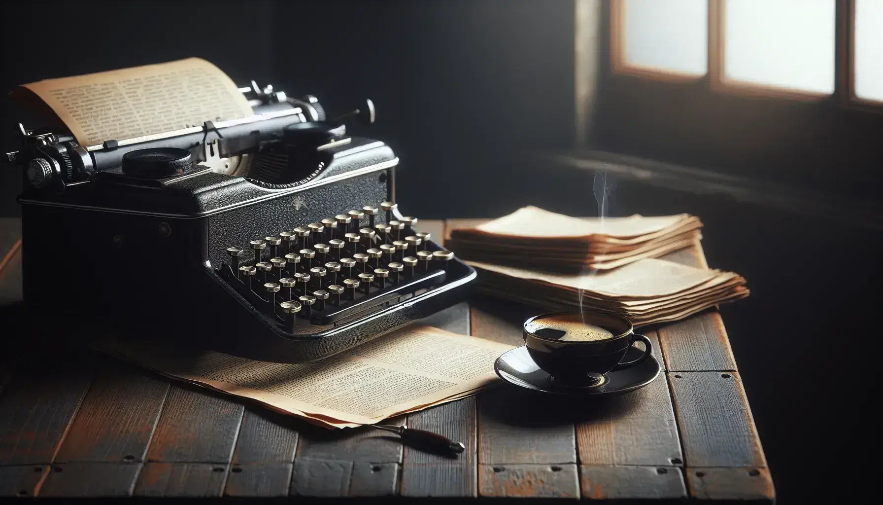 Máquina de escribir vintage negra con detalles cromados y teclas color crema sobre mesa de madera oscura, junto a taza de café humeante y periódicos apilados, con luz natural difusa de fondo.